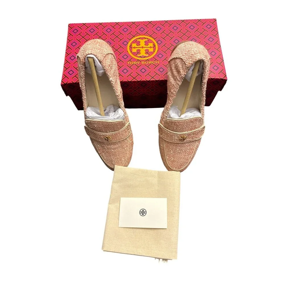TORY BURCH TWEED BALLET LOAFER PEACH/IVORY/CREAM LEATHER TRIM SZ 6.5 New $348